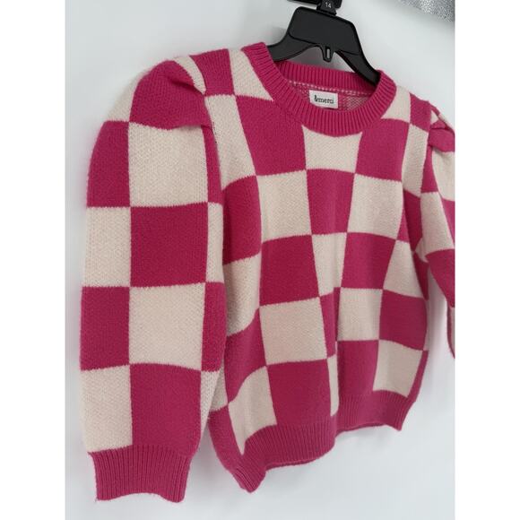 &merci Pink White Checkered Short Sleeve Sweater Womens Size Medium Crew Neck - Picture 2 of 6